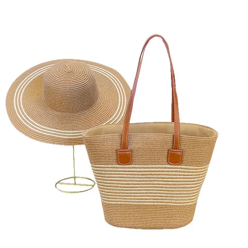 Women Straw Hat Bag Large Capacity Striped Handwoven - Image 10