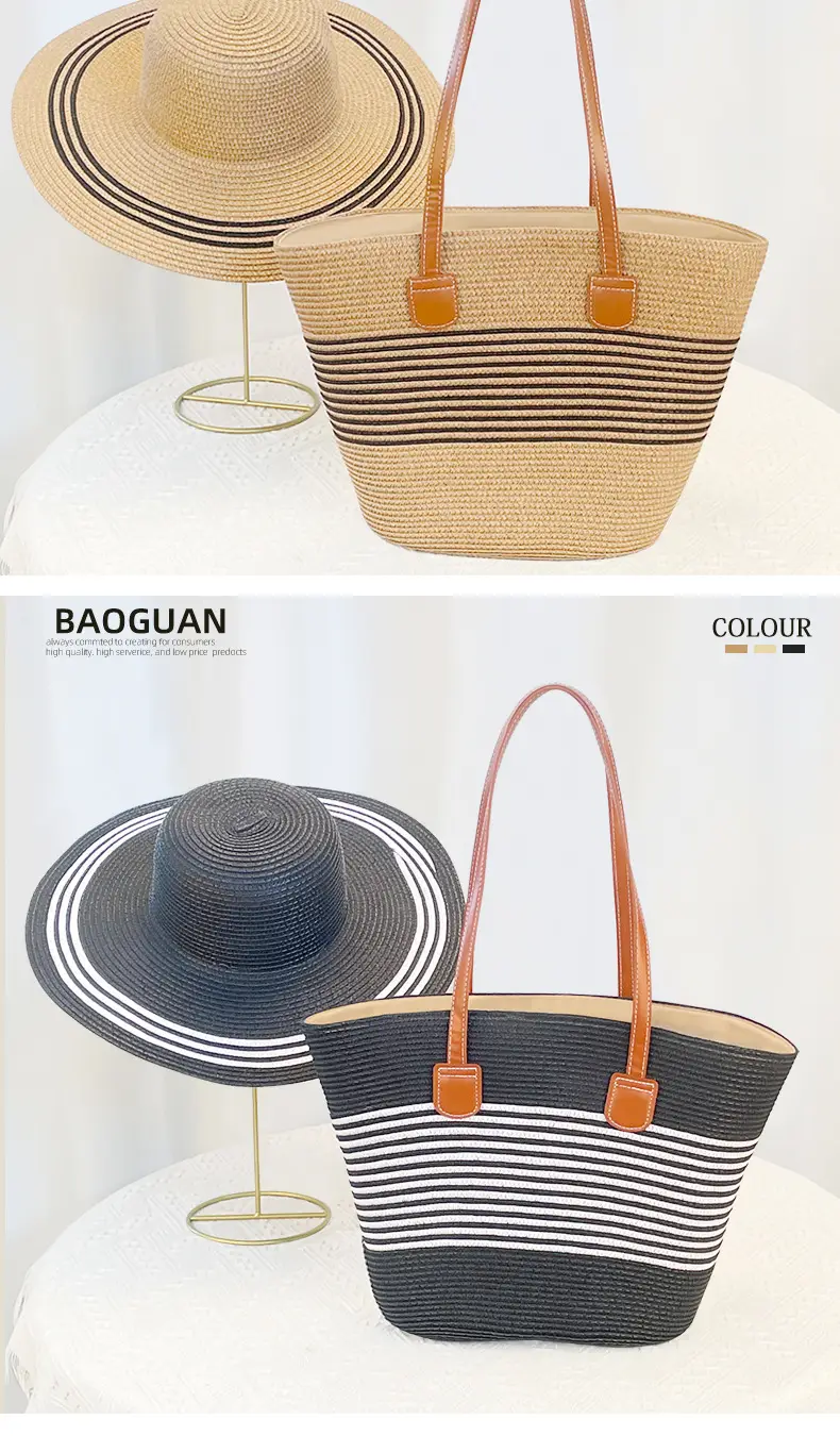 Women Straw Hat Bag Large Capacity Striped Handwoven — feature 10