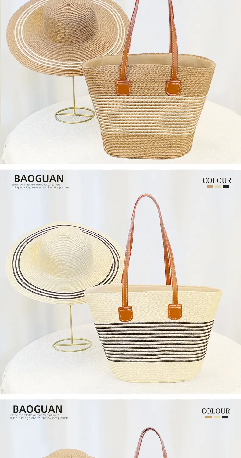 Women Straw Hat Bag Large Capacity Striped Handwoven — feature 9
