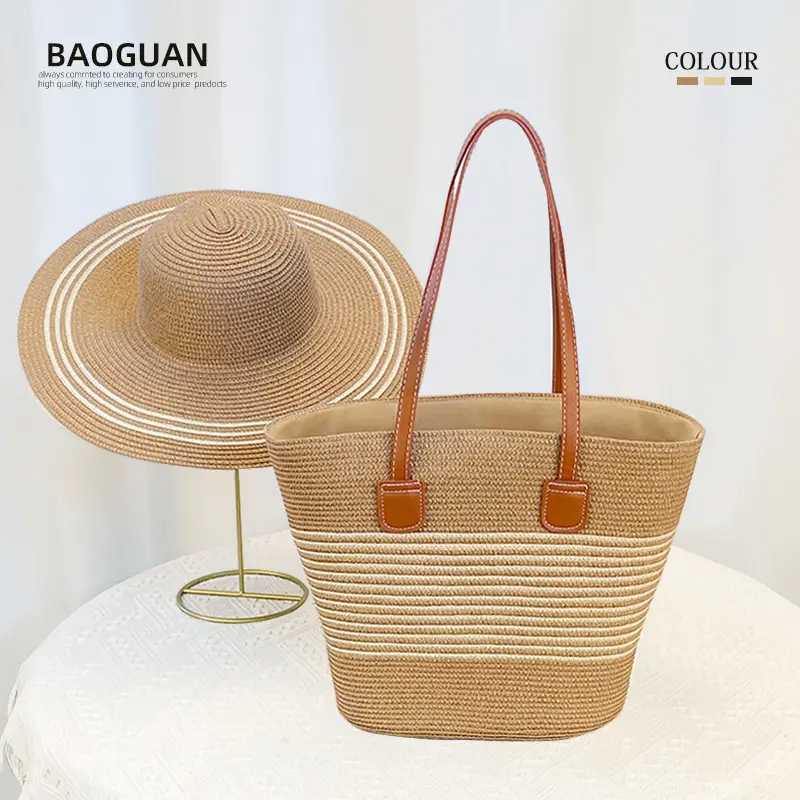 Women Straw Hat Bag Large Capacity Striped Handwoven - Image 2
