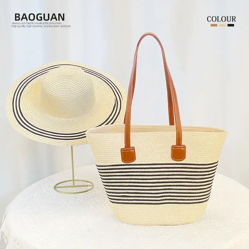 Women Straw Hat Bag Large Capacity Striped Handwoven - Image 3