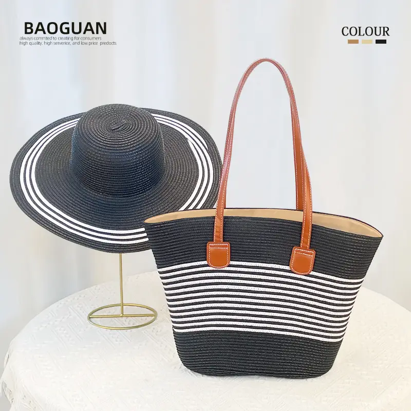 Women Straw Hat Bag Large Capacity Striped Handwoven - Image 4