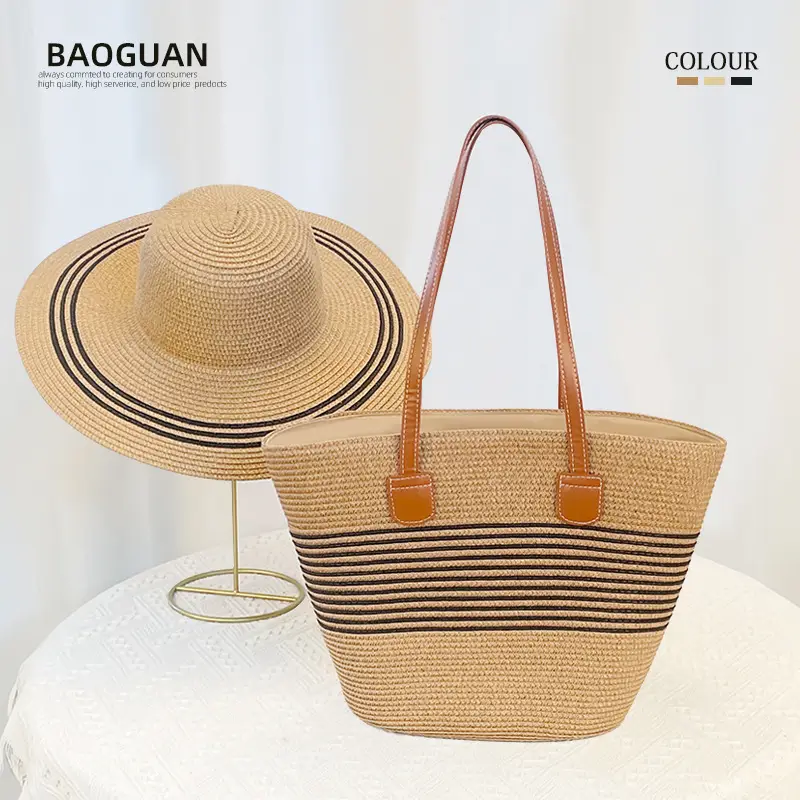 Women Straw Hat Bag Large Capacity Striped Handwoven - Image 5