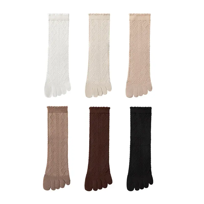 Pure Cotton Five-Toe Socks for Women, Spring and Summer Thin Mesh Breathable Antibacterial Deodorant Sweat-Absorbing Split-Toe Socks with Rolled Edges and Stacked Design