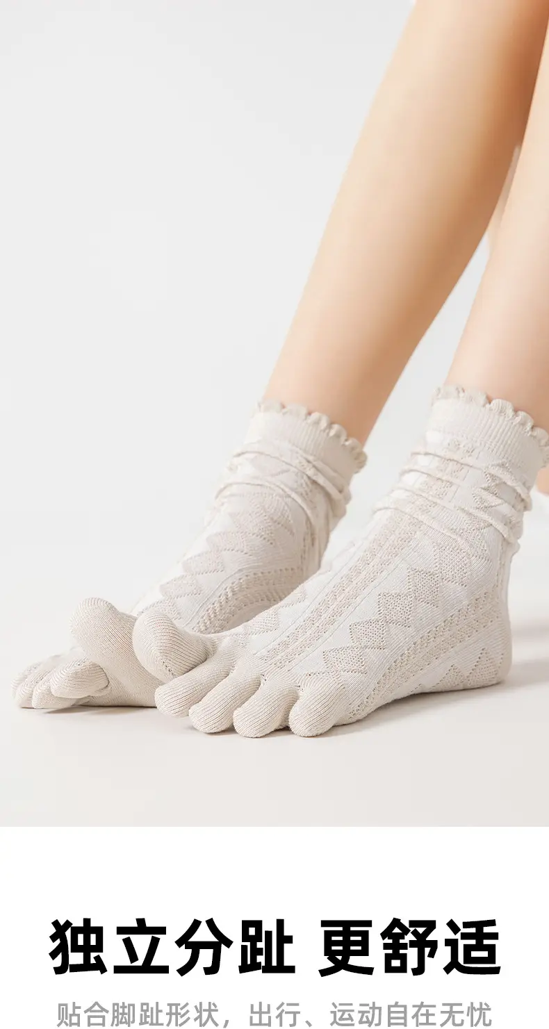 Pure Cotton Five-Toe Socks for Women, Spring and Summer Thin Mesh Breathable Antibacterial Deodorant Sweat-Absorbing Split-Toe Socks with Rolled Edges and Stacked Design — feature 7