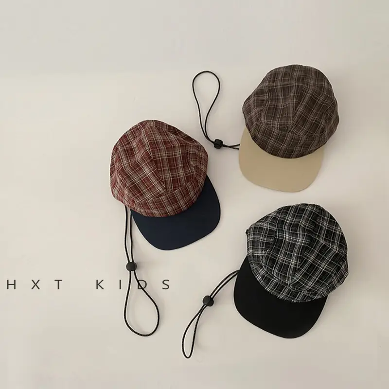 Kids Plaid Sunhat Adjustable Strap Brown Beige - Image 5