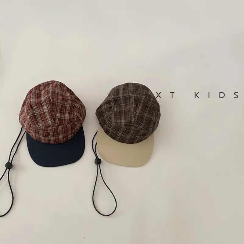 Kids Plaid Sunhat Adjustable Strap Brown Beige - Image 6