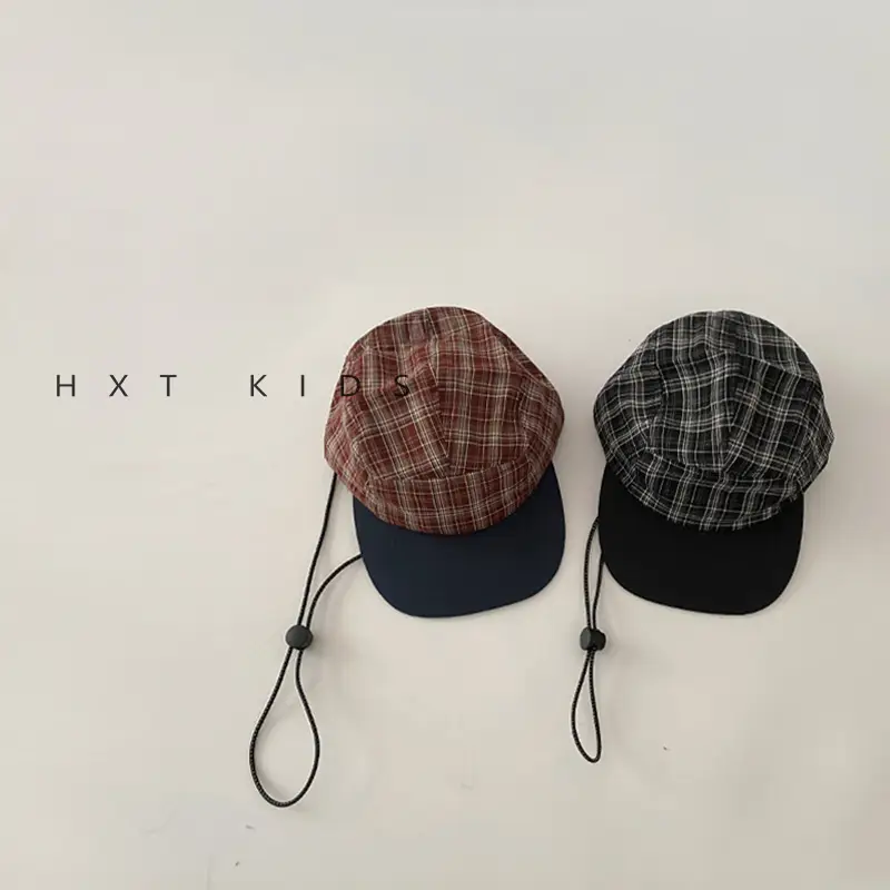 Kids Plaid Sunhat Adjustable Strap Brown Beige - Image 7