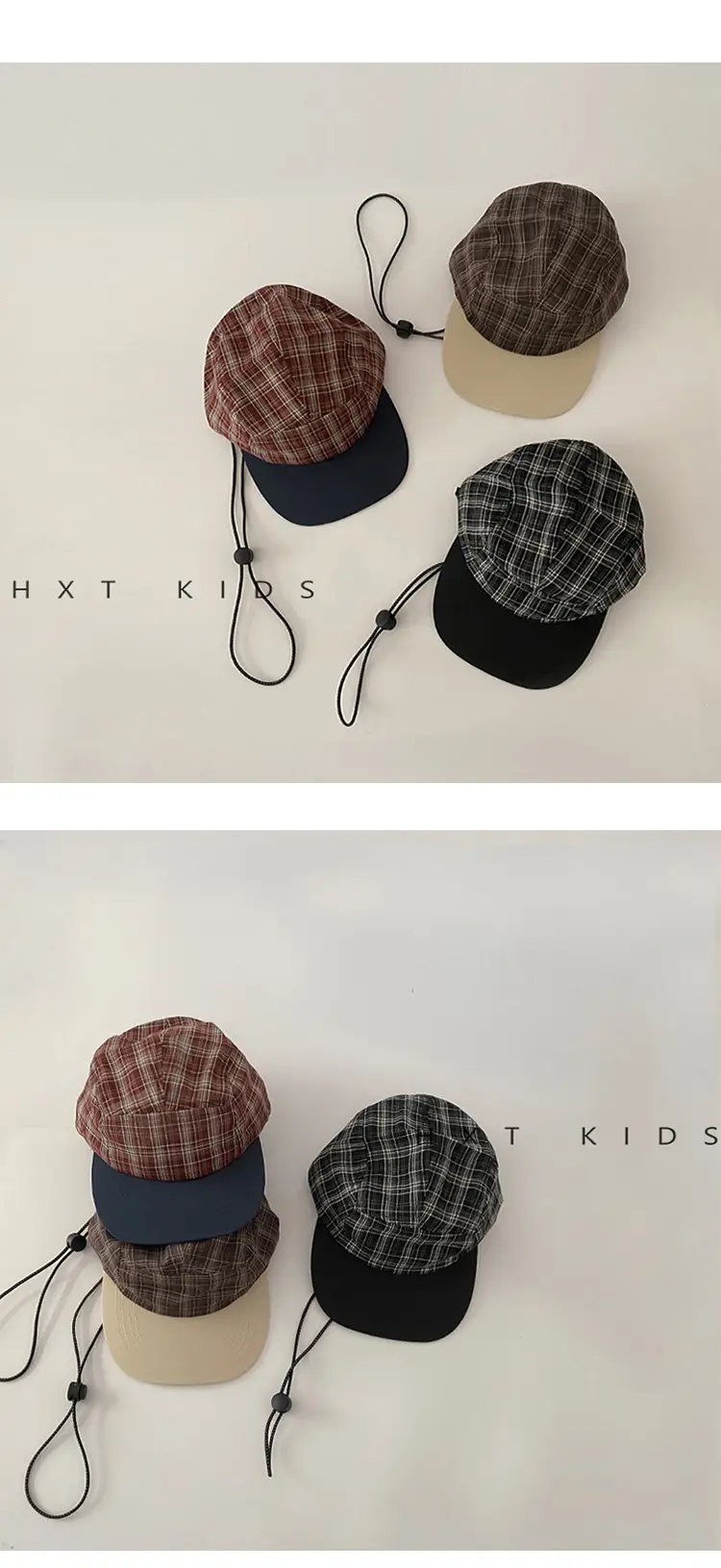 Kids Plaid Sunhat Adjustable Strap Brown Beige — feature 2