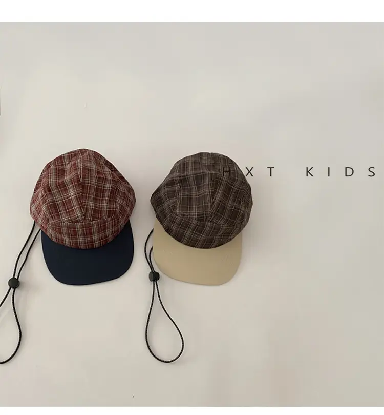 Kids Plaid Sunhat Adjustable Strap Brown Beige — feature 3