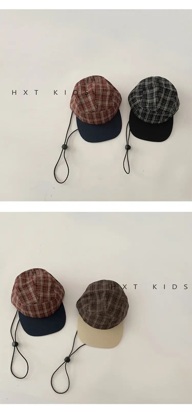 Kids Plaid Sunhat Adjustable Strap Brown Beige — feature 4