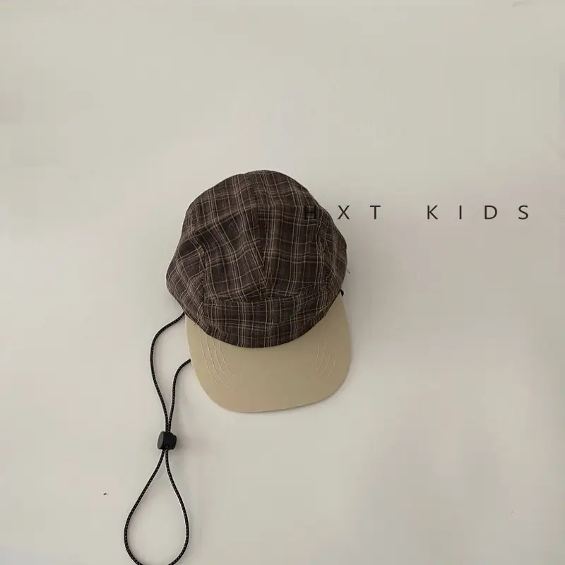 Kids Plaid Sunhat Adjustable Strap Brown Beige - Image 2