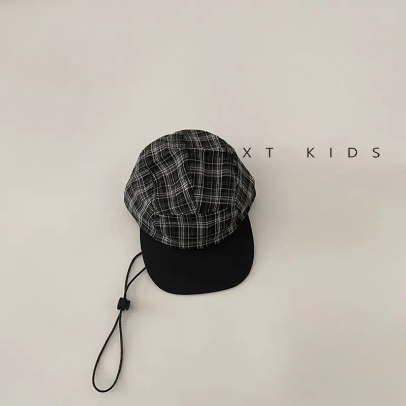 Kids Plaid Sunhat Adjustable Strap Brown Beige - Image 3