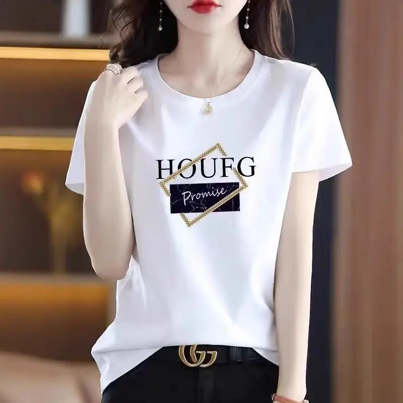 Pure Cotton Short-Sleeved T-Shirt for Women Summer New Round Neck Top for Women Fashionable Age-Reducing Loose Casual Korean Style Women's Clothing Trend