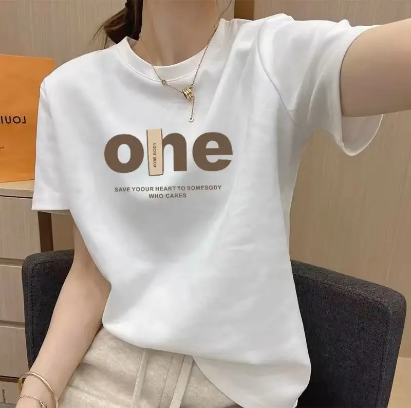 Pure Cotton Short-Sleeved T-Shirt for Women Summer New Round Neck Top for Women Fashionable Age-Reducing Loose Casual Korean Style Women's Clothing Trend