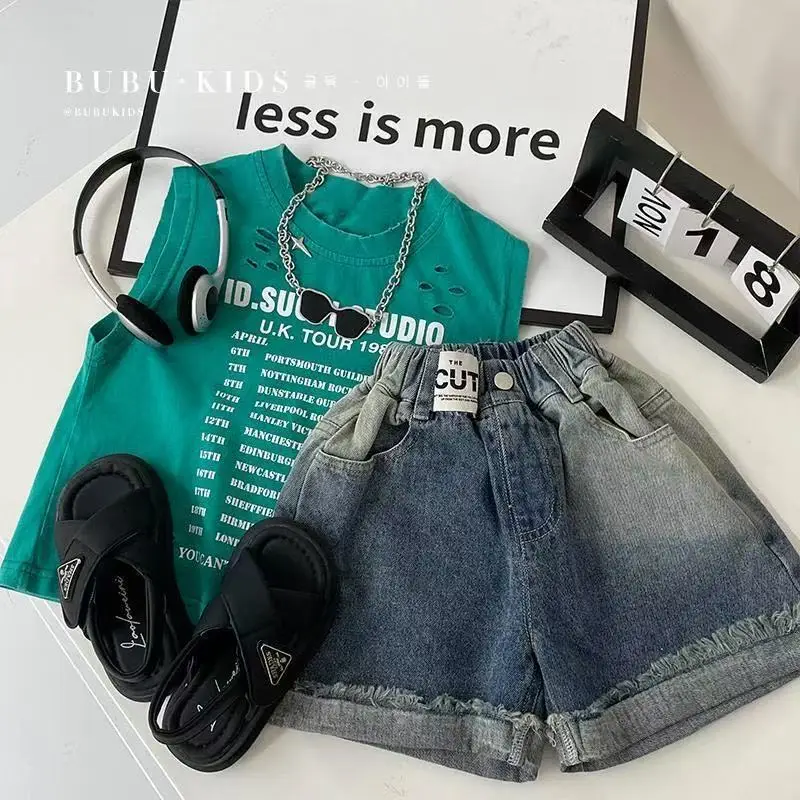 Summer Boys Casual Tank Top Shorts Set Denim Shorts