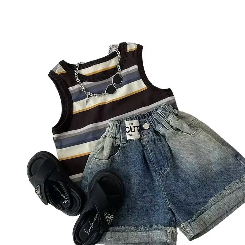 Summer Boys Casual Tank Top Shorts Set Denim Shorts