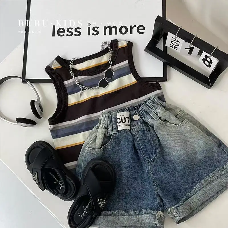 Summer Boys Casual Tank Top Shorts Set Denim Shorts