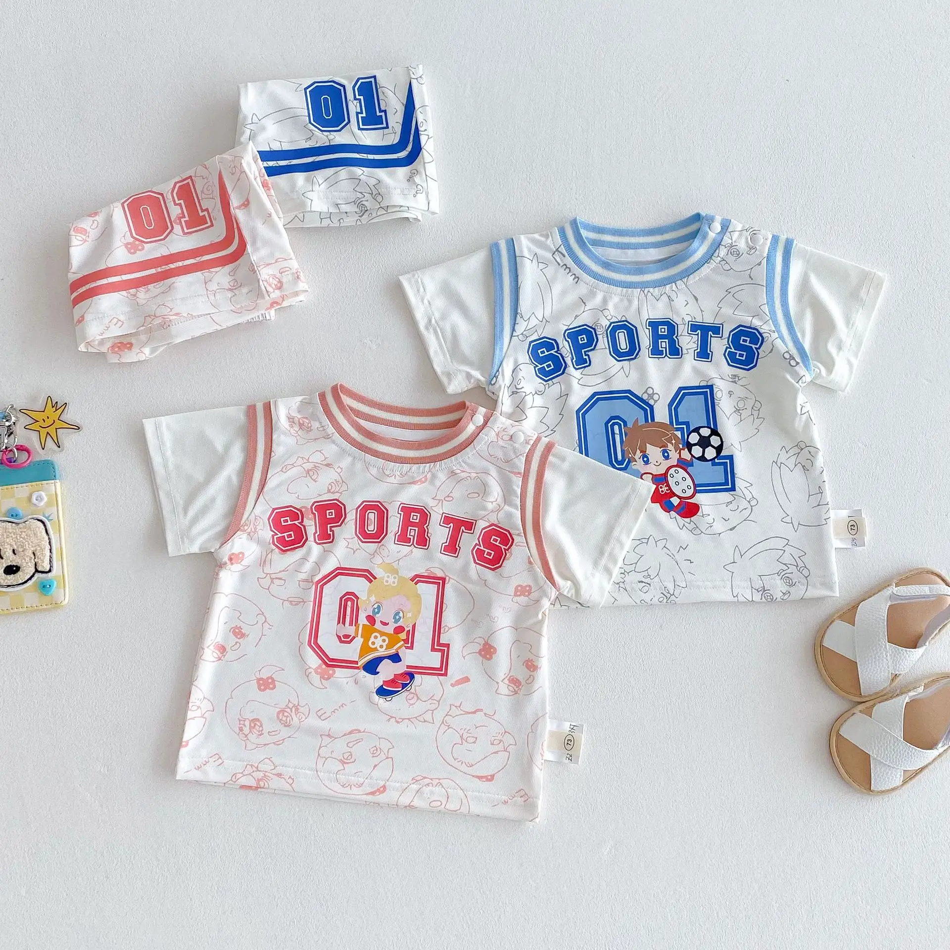 2025 Boys Sports T-Shirt Shorts Set White Blue Cartoon - Image 4