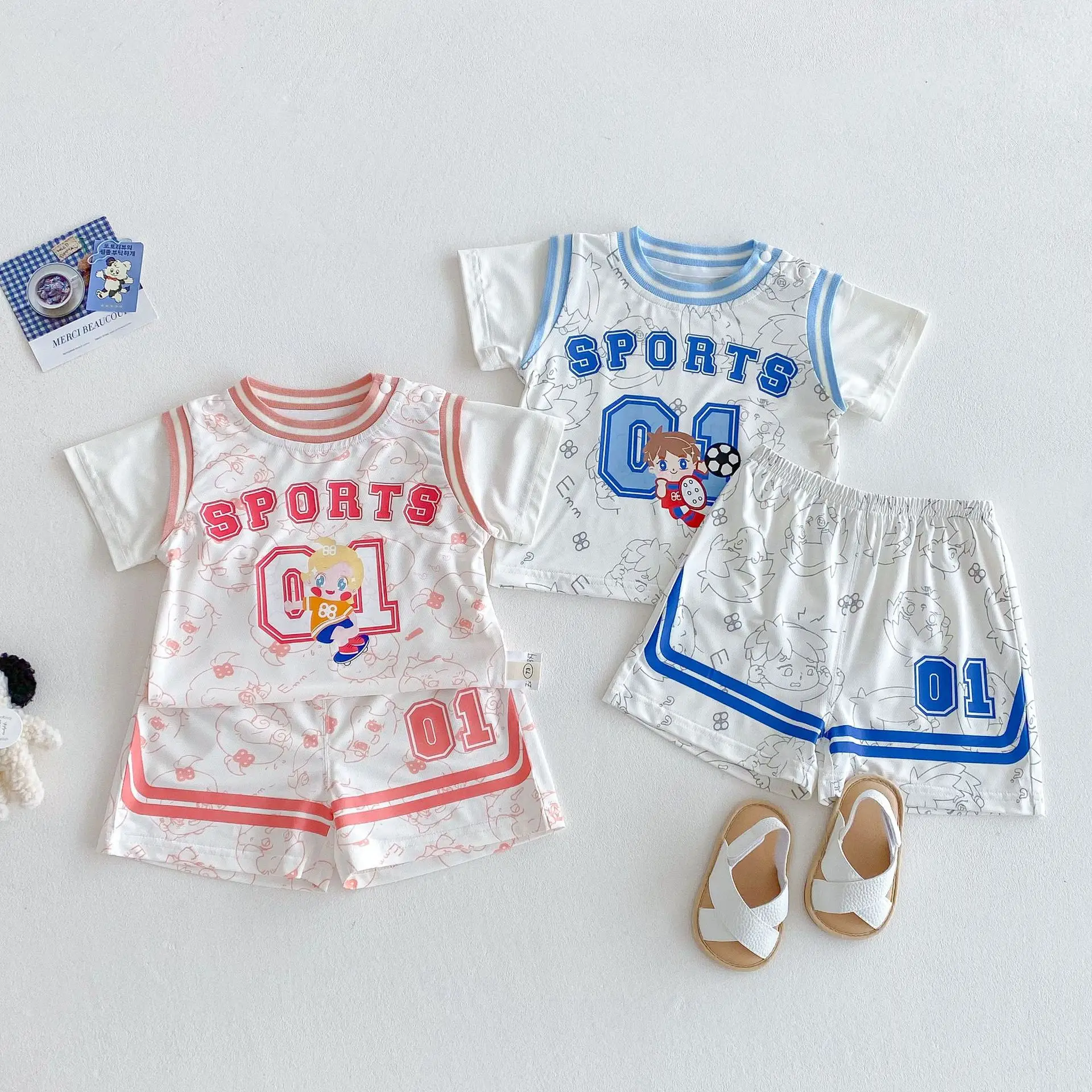 2025 Boys Sports T-Shirt Shorts Set White Blue Cartoon - Image 5
