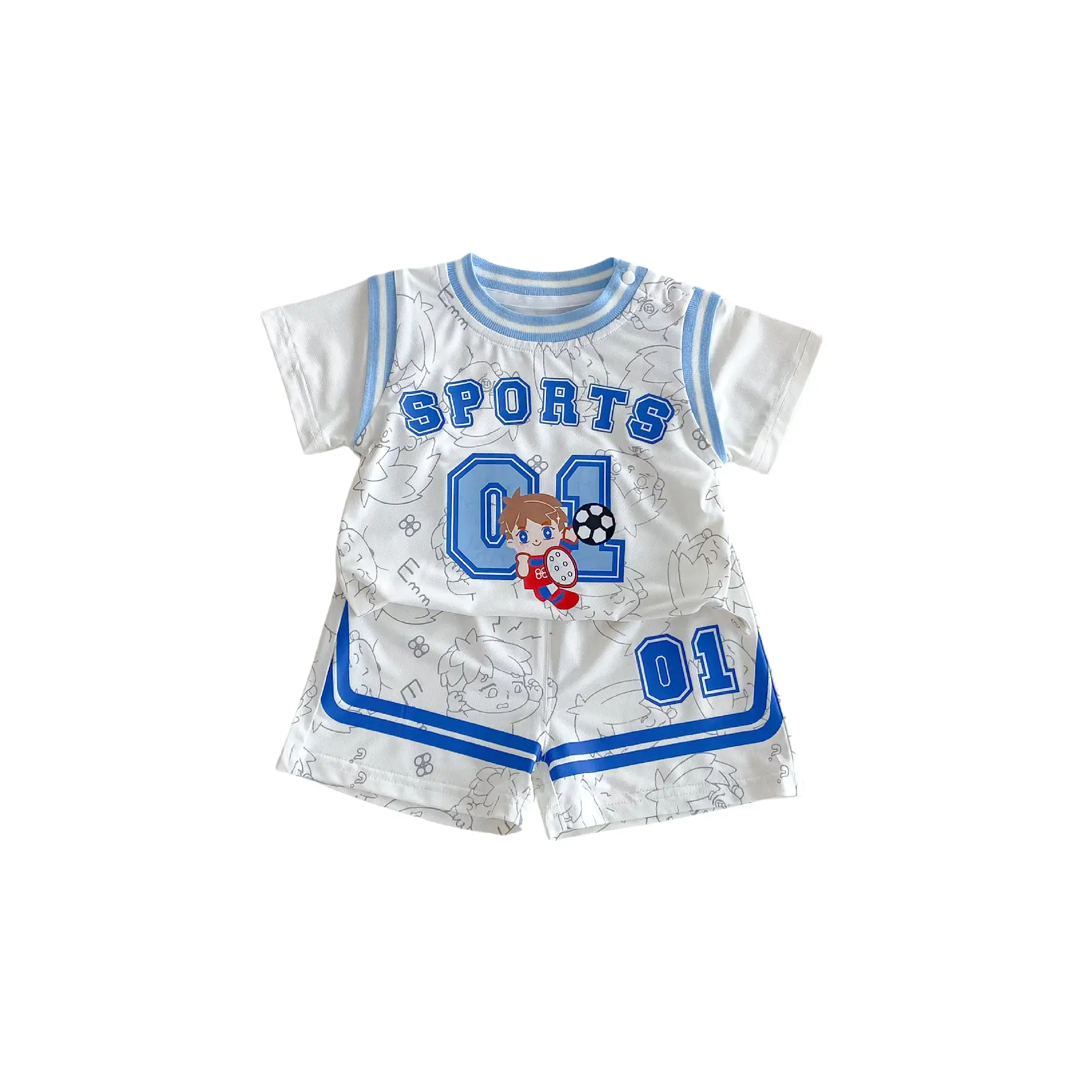 2025 Boys Sports T-Shirt Shorts Set White Blue Cartoon - Image 6
