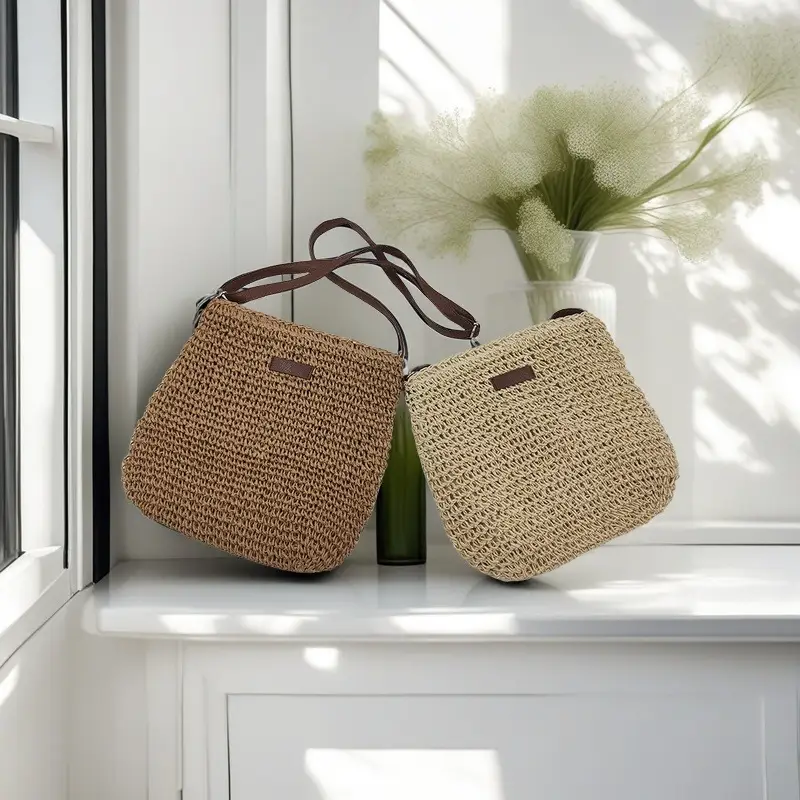 Beige Straw Shoulder Bag Set for Travel & Daily Use