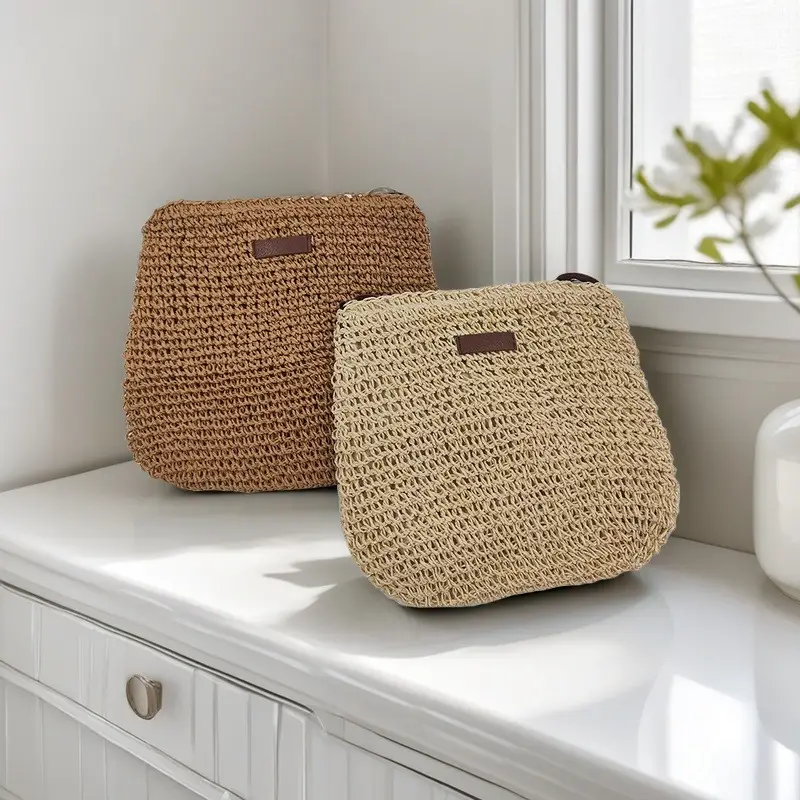 Beige Straw Shoulder Bag Set for Travel & Daily Use
