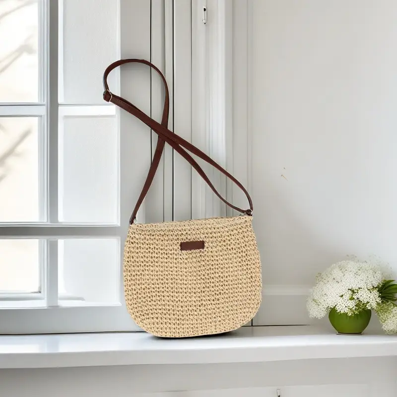 Beige Straw Shoulder Bag Set for Travel & Daily Use