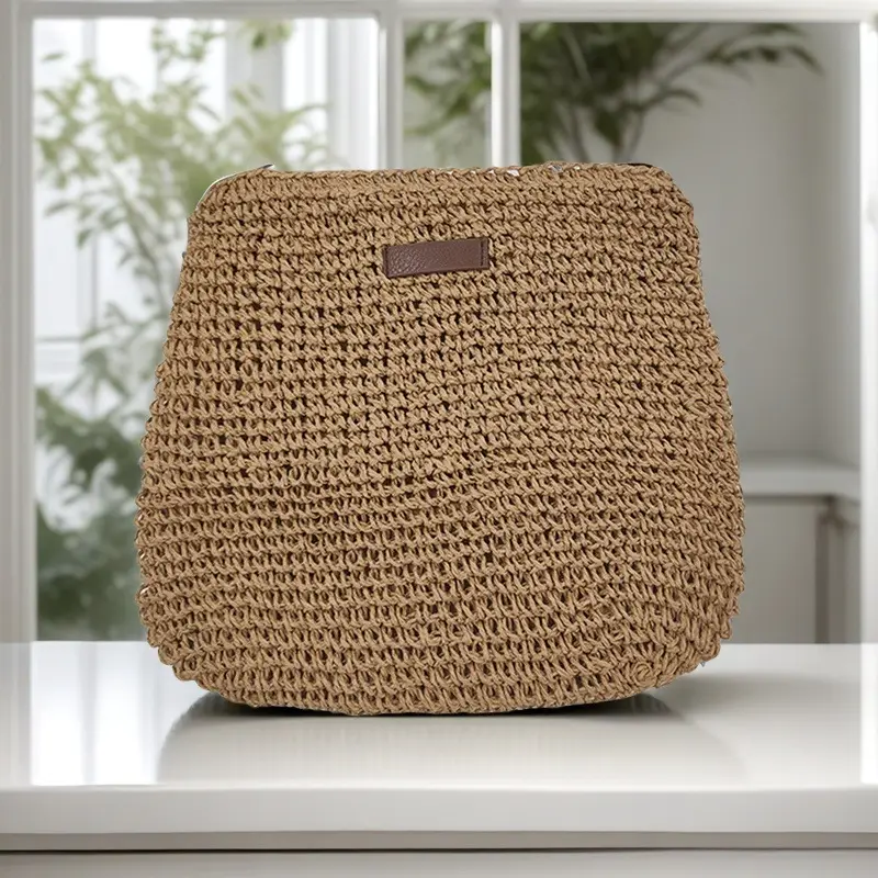 Beige Straw Shoulder Bag Set for Travel & Daily Use