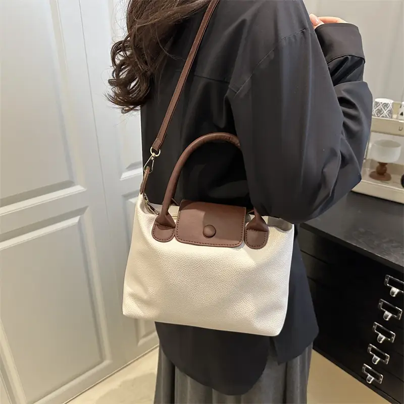 White Leather Shoulder Bag with Brown Handle for Women - Image 5