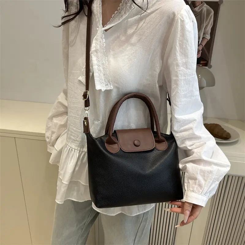 White Leather Shoulder Bag with Brown Handle for Women - Image 6