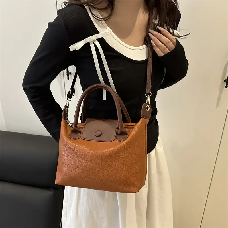 White Leather Shoulder Bag with Brown Handle for Women - Image 7
