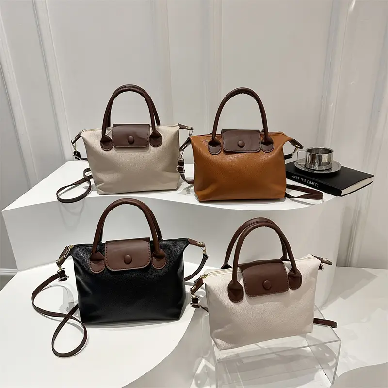 White Leather Shoulder Bag with Brown Handle for Women - Image 8