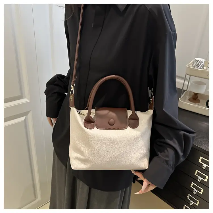 White Leather Shoulder Bag with Brown Handle for Women — feature 11