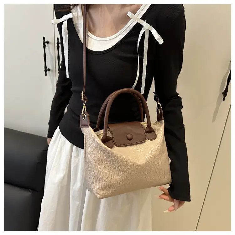 White Leather Shoulder Bag with Brown Handle for Women — feature 14