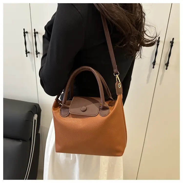 White Leather Shoulder Bag with Brown Handle for Women — feature 16