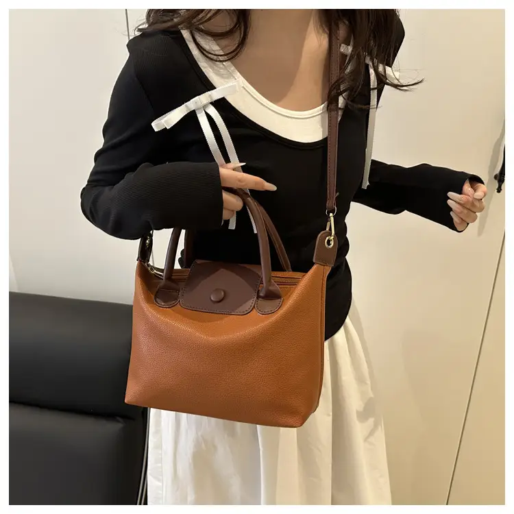 White Leather Shoulder Bag with Brown Handle for Women — feature 17