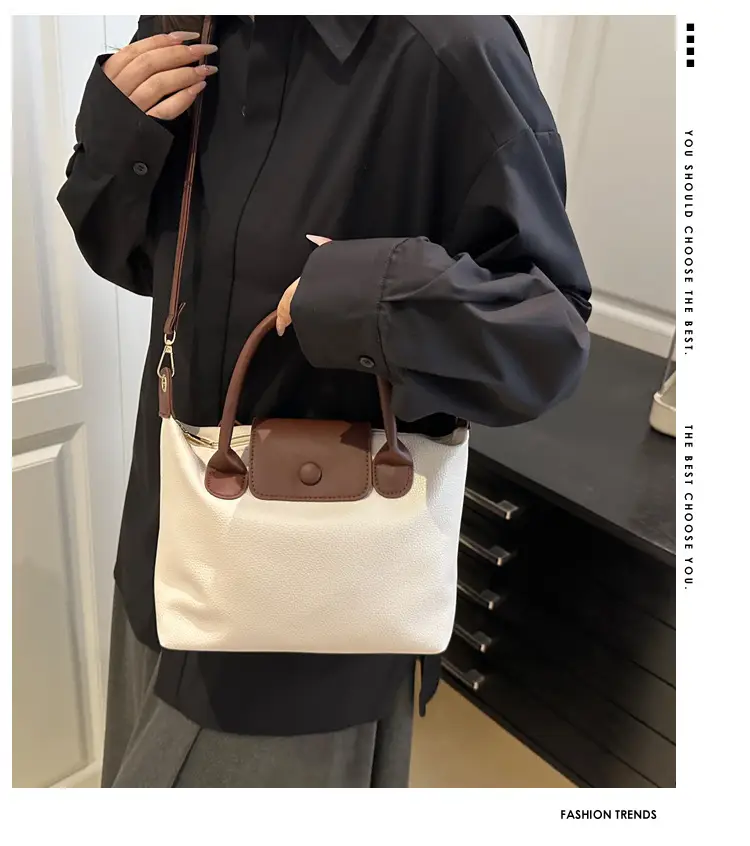 White Leather Shoulder Bag with Brown Handle for Women — feature 2