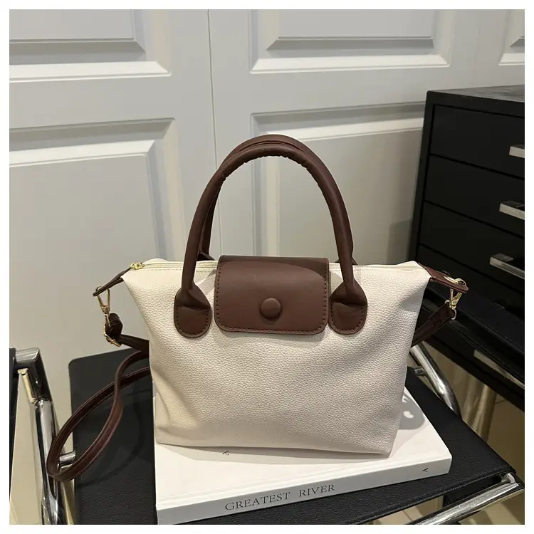 White Leather Shoulder Bag with Brown Handle for Women — feature 21