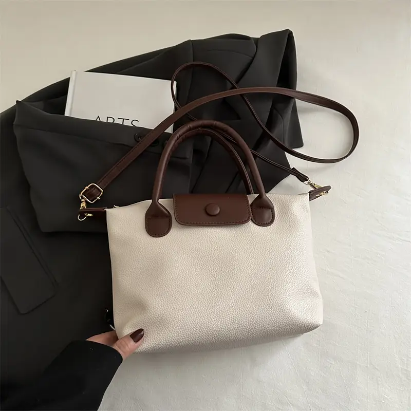 White Leather Shoulder Bag with Brown Handle for Women - Image 2