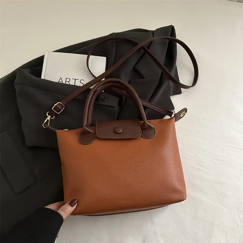 White Leather Shoulder Bag with Brown Handle for Women - Image 3