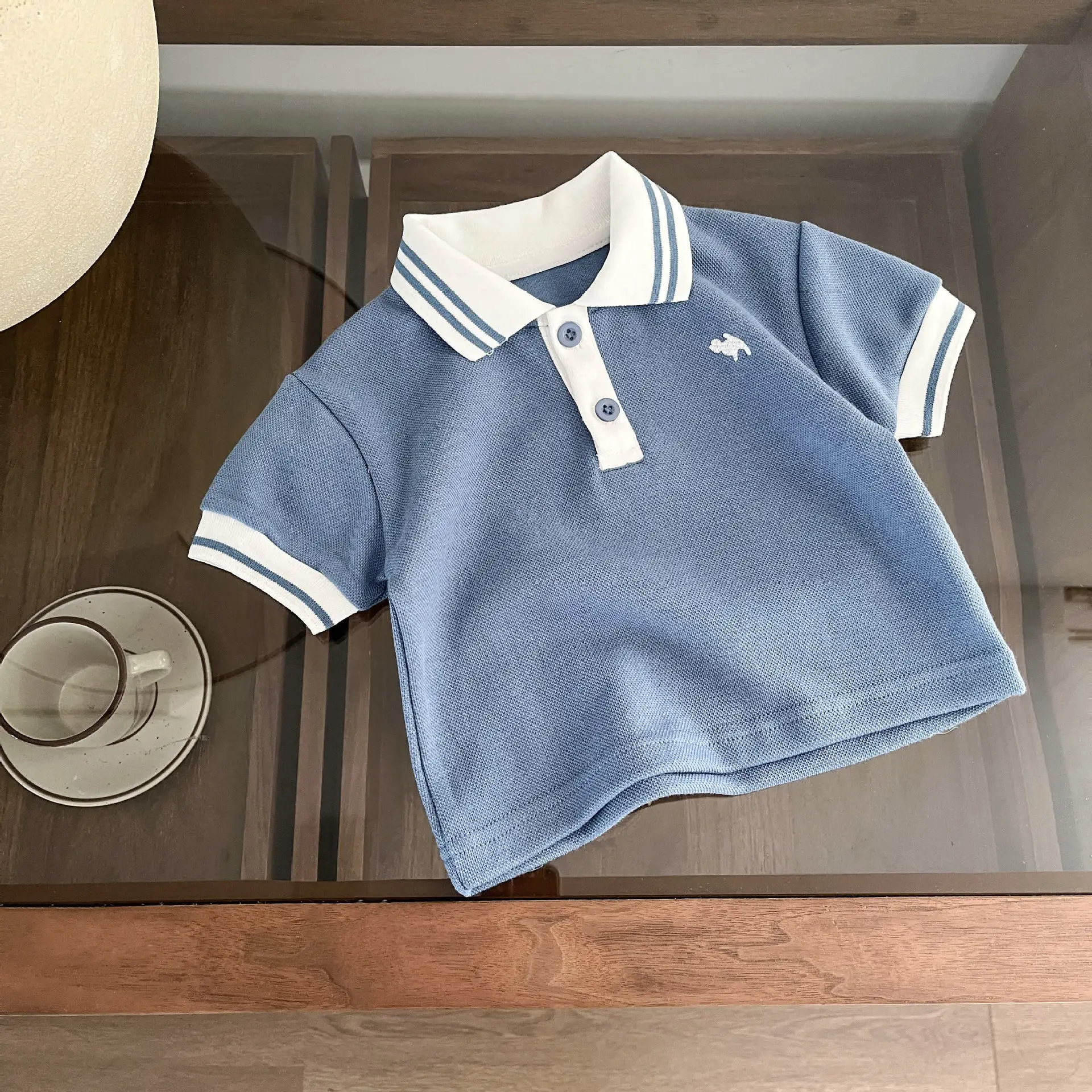 Boys Summer Polo Shirt Shorts Set Blue White - Image 2