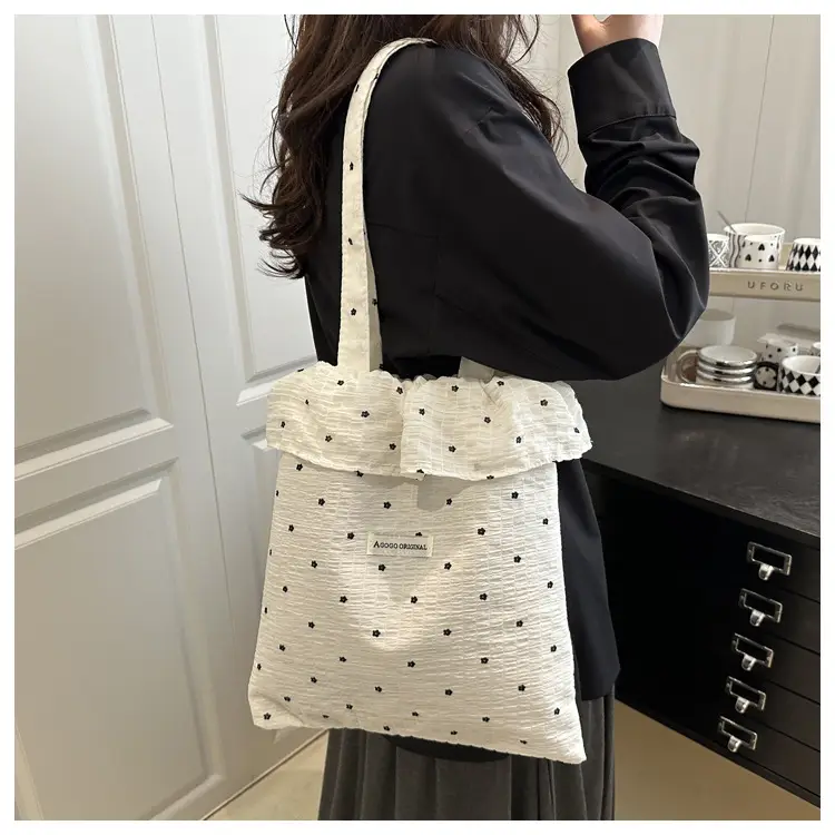 Sweet Girl Ruffled Shoulder Bag Large Capacity White Polka Dot — feature 11