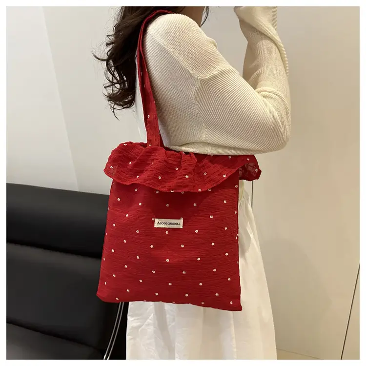 Sweet Girl Ruffled Shoulder Bag Large Capacity White Polka Dot — feature 12