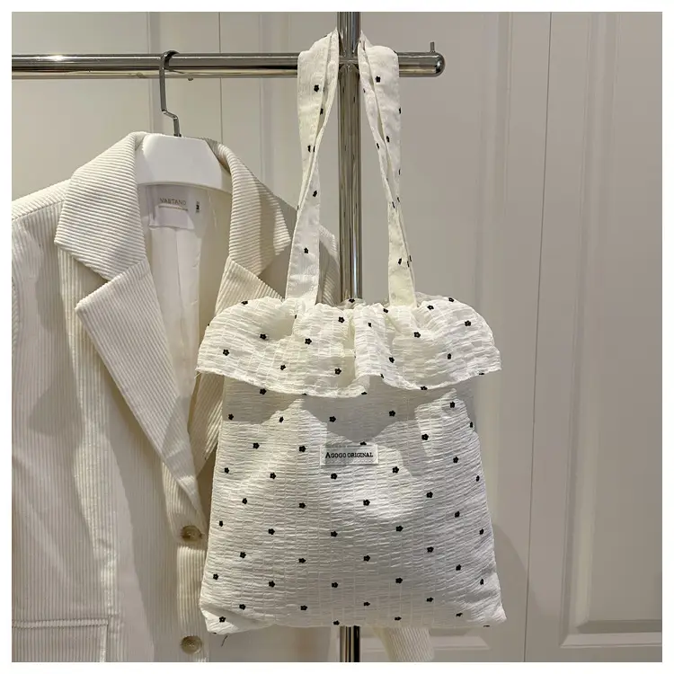 Sweet Girl Ruffled Shoulder Bag Large Capacity White Polka Dot — feature 20