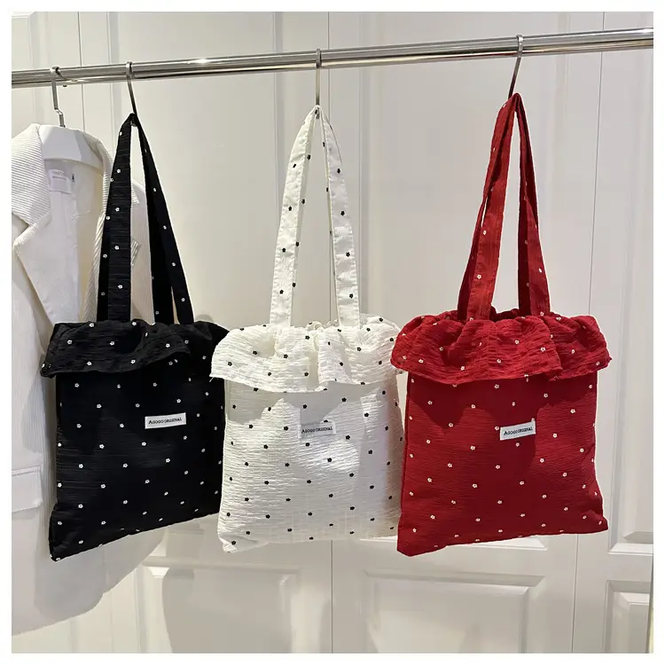 Sweet Girl Ruffled Shoulder Bag Large Capacity White Polka Dot — feature 21