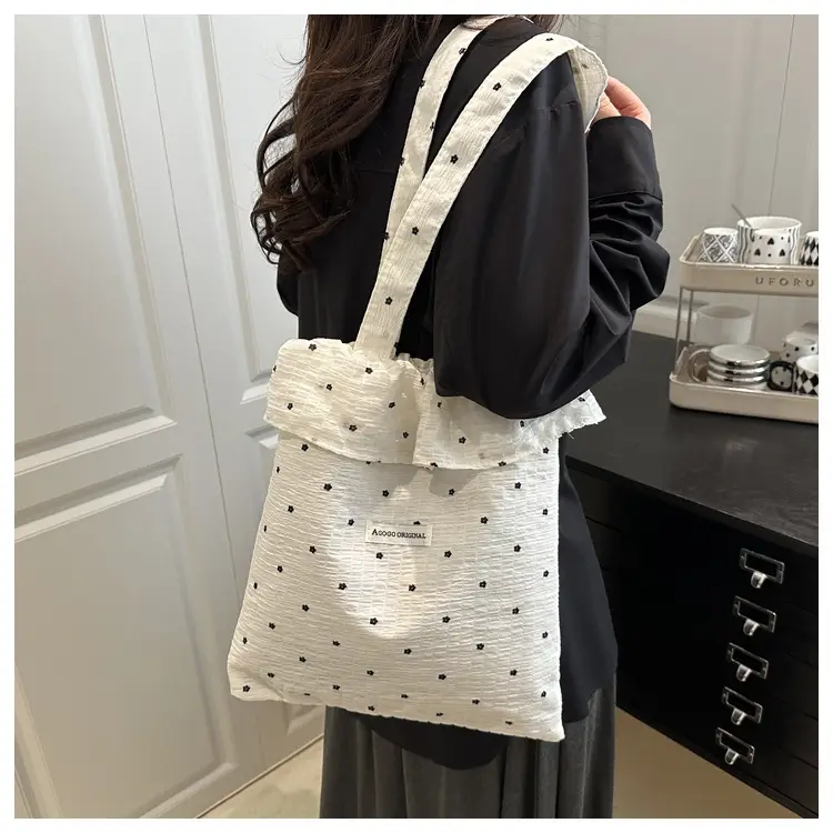 Sweet Girl Ruffled Shoulder Bag Large Capacity White Polka Dot — feature 9