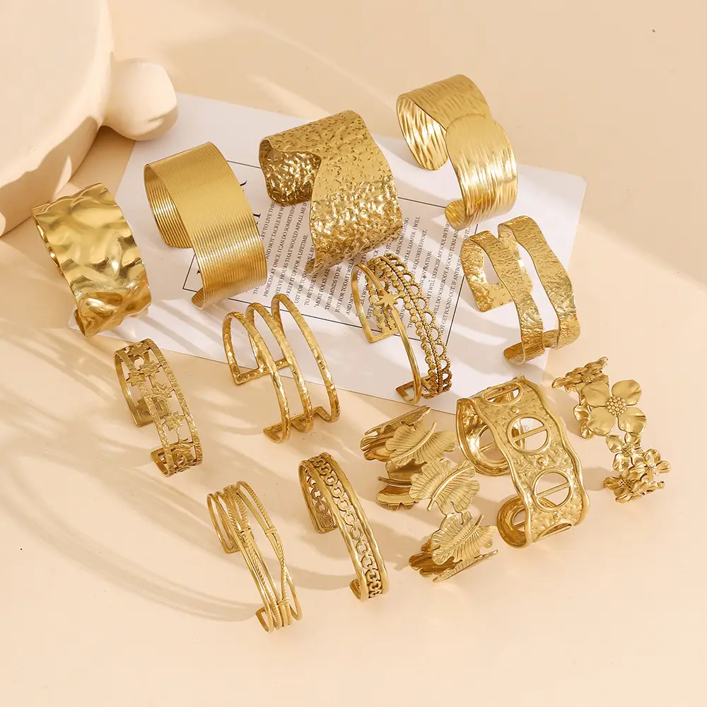 Cross-Border Hot-Selling Stainless Steel Open Hydraulic Bracelet European and American Fashion Armband Plated with 18K Real Gold Titanium Steel Bracelet — feature 1