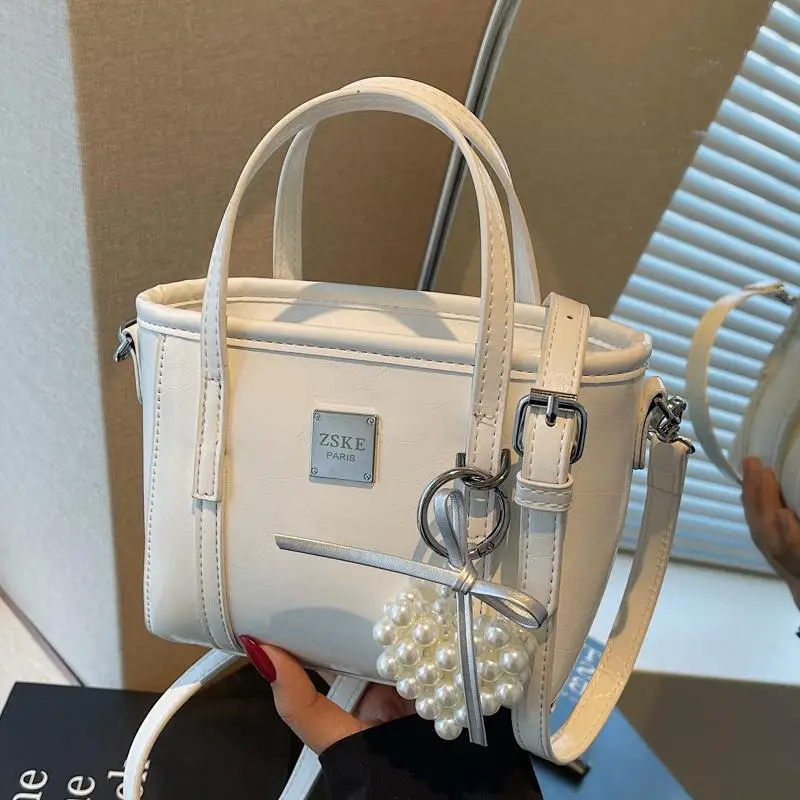 Women's Western Style Pearl Bucket Bag Cream