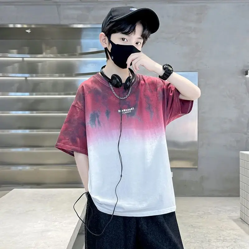Boys Tie-dye Cotton Summer T-Shirt Red White